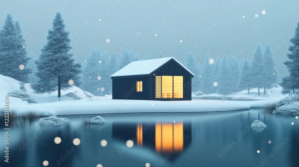 Fototapeta premium Serene Winter Landscape with Cabin Reflecting in Calm Water