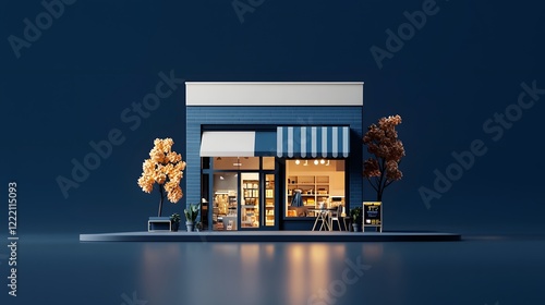 Visually captivating 3D depicting a minimalist and technologically advanced urban store facade at night photo