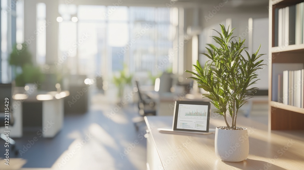 Fototapeta premium A clean workspace with financial reports and a tablet displaying market growth trends.