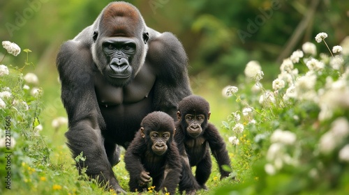 Western lowland gorilla (Gorilla gorilla gorilla) silverback with 2 youngsters in Marantaceae forest. Odzala-Kokoua National Park. Cuvette-Ouest Region. Republic of the Congo photo