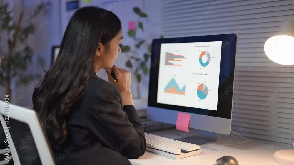 A woman is sitting at a desk with a computer monitor in front of her. She is using a pen to draw on the screen. Concept of focus and concentration as the woman works on her computer A woman is sitting at a desk with a computer monitor in front of her. She is using a pen to draw on the screen. Concept of focus and concentration as the woman works on her computer