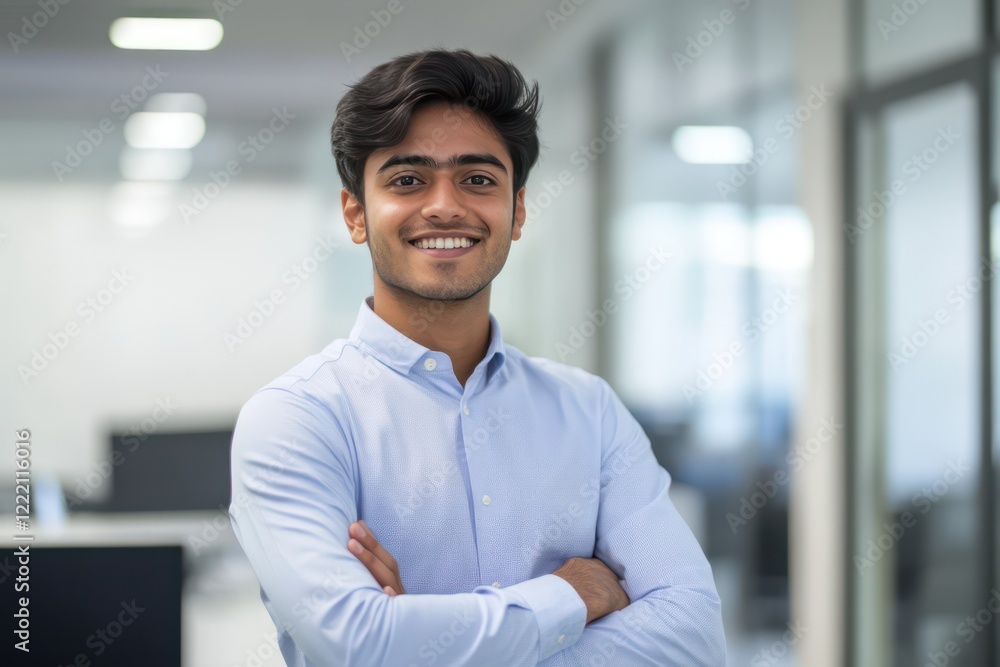 a smiling young businessman standing with his arms crossed in an office. a smiling young businessman standing with his arms crossed in an office.