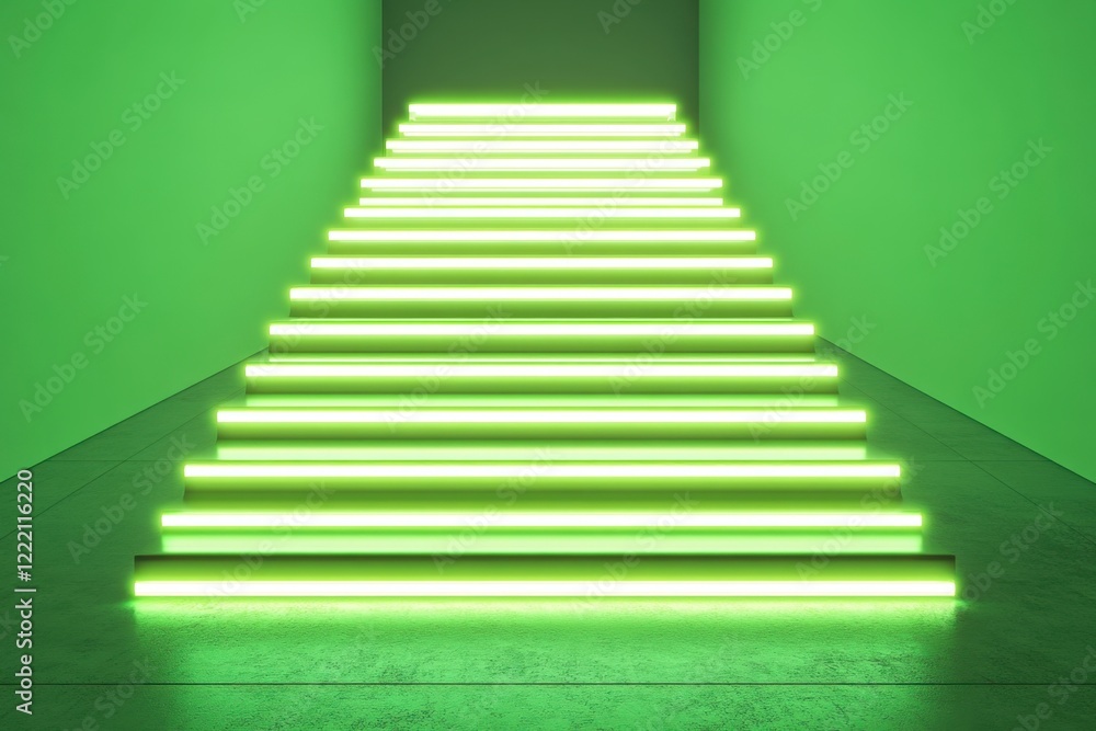 Obraz premium Illuminated Green Staircase in Modern Minimalist Interior Design