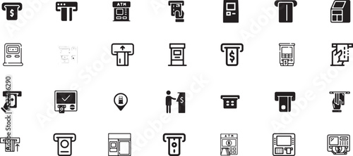 atm machine icon set, atm, money, business, technology, cash, currency, machine, withdraw, finance, deposit, banking, transaction, bank, debit, financial, automatic, credit card, withdrawal, terminal.