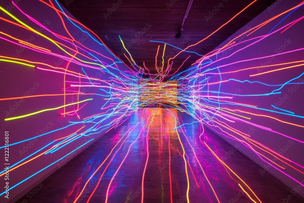 Colorful Light Trails Create Vibrant Motion in Modern Art Space Colorful Light Trails Create Vibrant Motion in Modern Art Space