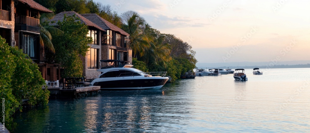 Fototapeta premium Luxury Yacht Docked at Tropical Waterfront Villas