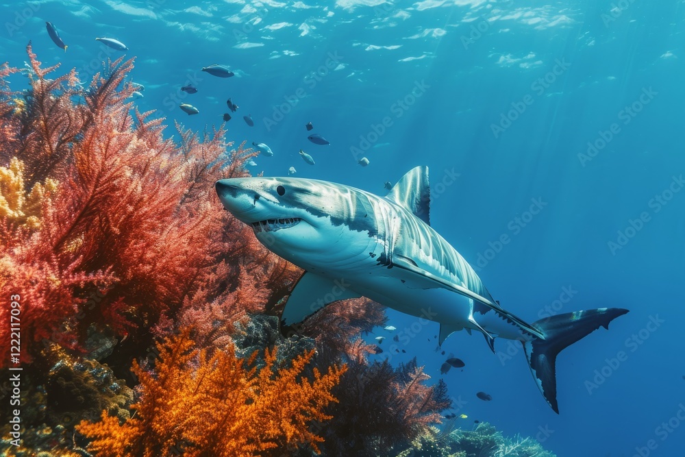 Fototapeta premium Great white shark swims gracefully among colorful coral reefs in a vibrant underwater landscape, showcasing marine life in the blue ocean depths