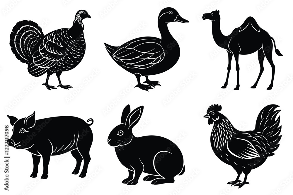 Obraz premium Farm and Domestic Animals set, Animals silhouette collection vector illustration