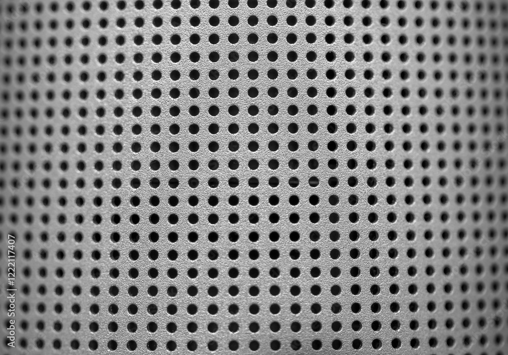 Silver speaker lattice close-up. Perforated metal texture. Modern industrial metal mesh music speaker grille. Silver speaker lattice close-up. Perforated metal texture. Modern industrial metal mesh music speaker grille.