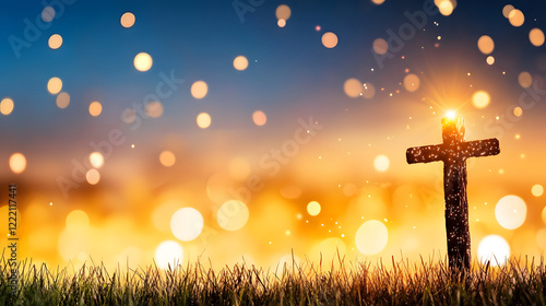 A glowing cross in a serene landscape, symbolizing faith and hope at sunset