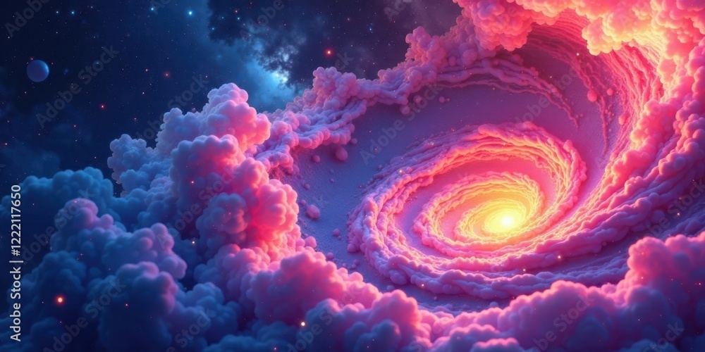 Fototapeta premium A swirling cosmic nebula, vibrant pink and orange cloudscapes, glowing with ethereal light, a celestial vortex of dreams