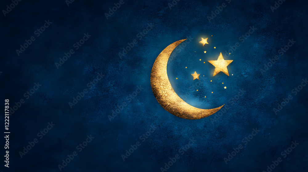 Fototapeta premium Golden crescent moon and stars against a deep blue background
