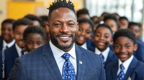 A man in a blue suit and patterned tie smiles with a group of children behind him