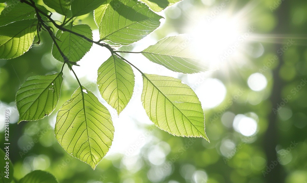 Sunlit Green Leaves on Branch in Forest Nature Background Sunlit Green Leaves on Branch in Forest Nature Background
