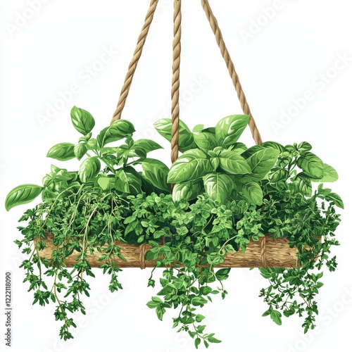 Lush Hanging Herb Garden with Fresh Green Basil, Thyme, and Parsley in a Natural Woven Basket photo