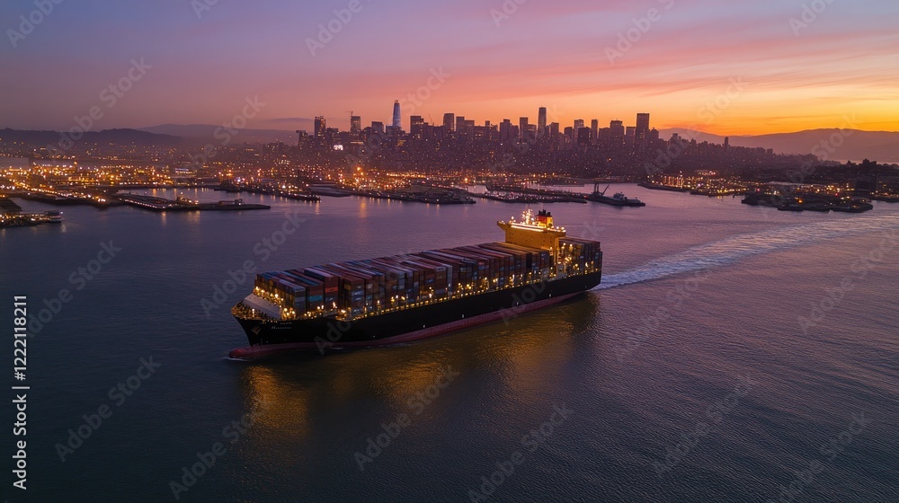 Naklejka premium A massive international cargo ship departing from a busy harbor at sunset.