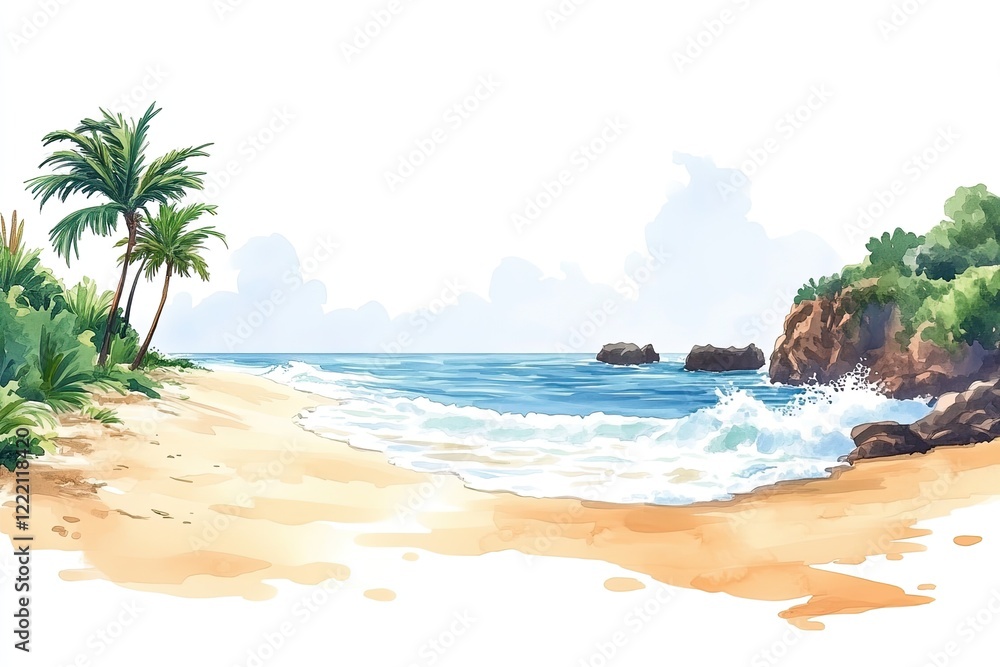 A picturesque beach scene with white sand, palm trees, and clear blue water. A picturesque beach scene with white sand, palm trees, and clear blue water.