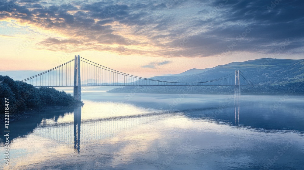 Obraz premium A modern suspension bridge spanning a wide river with reflections shimmering on the water.