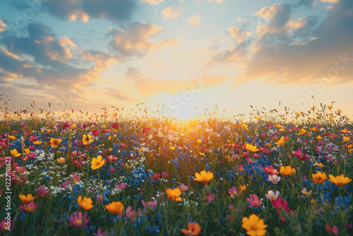 Meadow wildflower photography in a vibrant field of colorful flowers during a breathtaking sunset capturing the beauty of nature and the serenity of a peaceful landscape at dusk