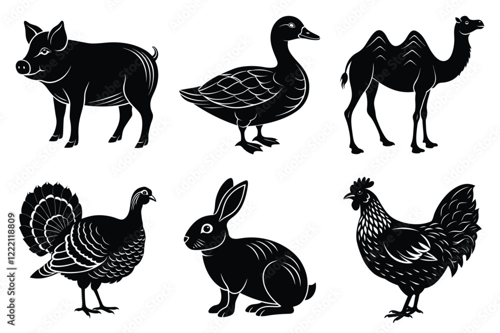Obraz premium Farm and Domestic Animals set, Animals silhouette collection vector illustration
