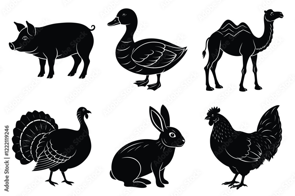 Obraz premium Farm and Domestic Animals set, Animals silhouette collection vector illustration
