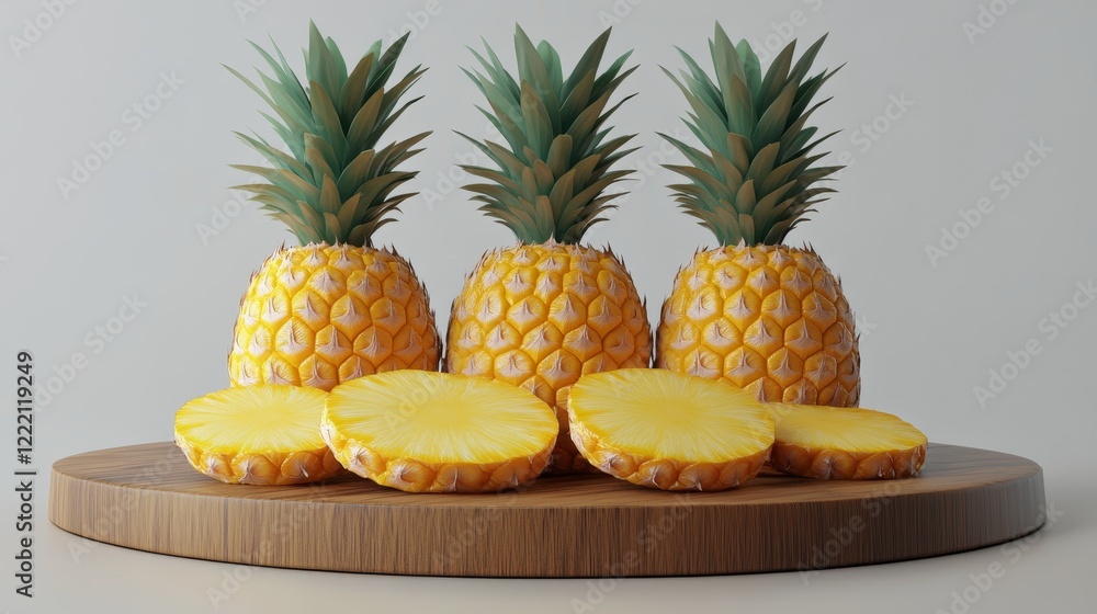 3D realistic pineapples with slices on a wooden board. 3D realistic pineapples with slices on a wooden board.