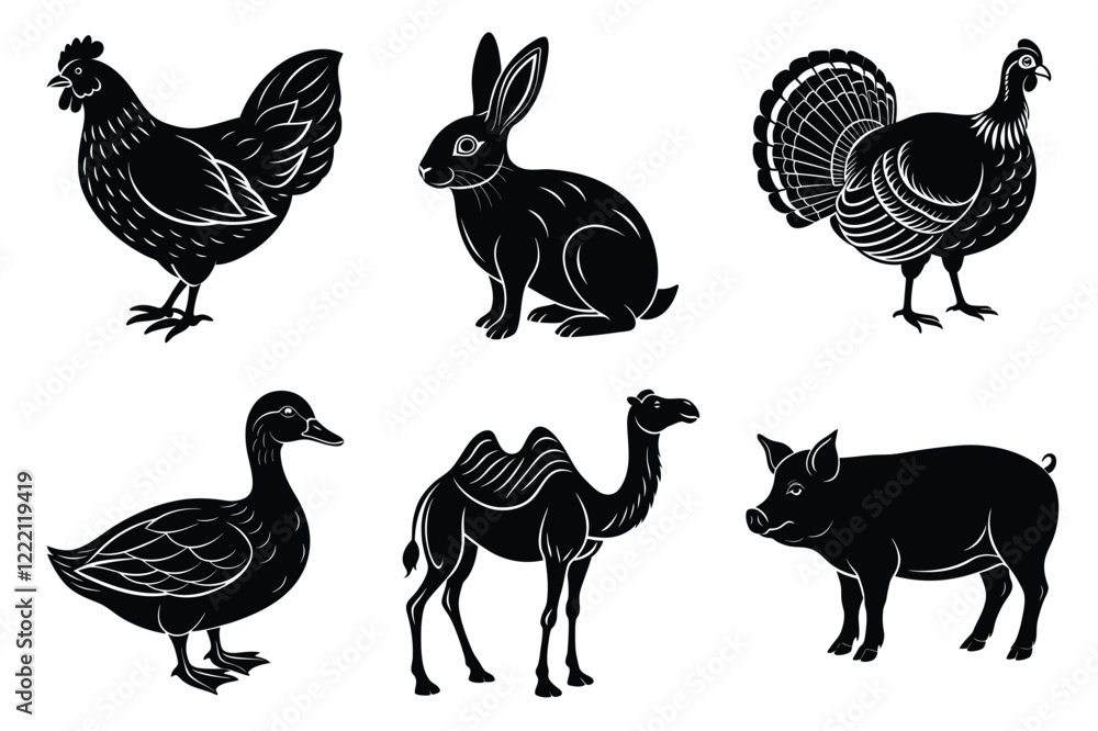 Obraz premium Farm and Domestic Animals set, Animals silhouette collection vector illustration