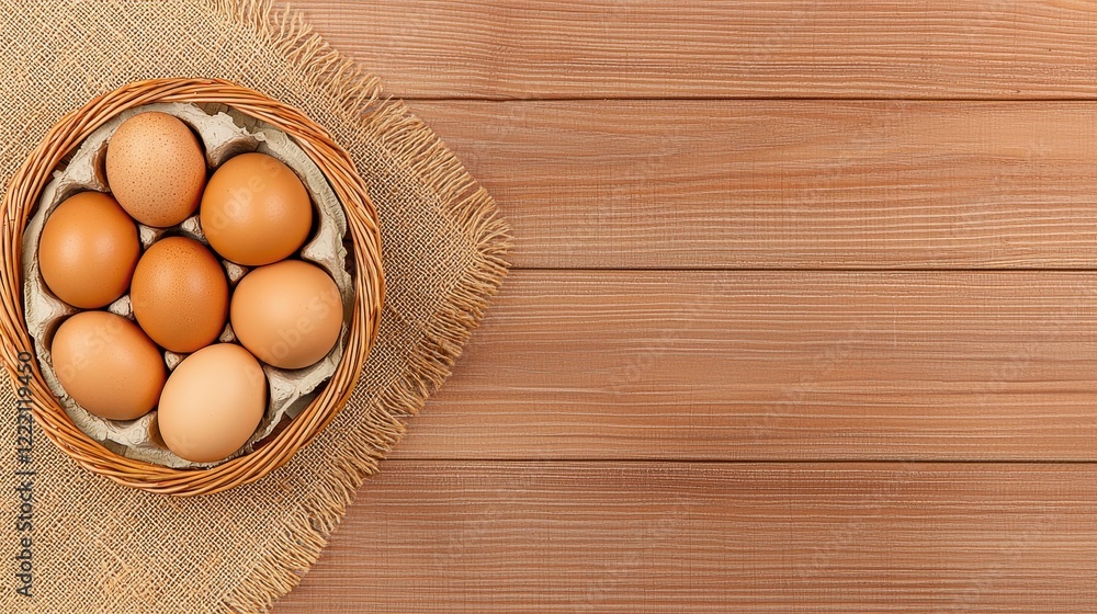 Fresh Brown Eggs in Wicker Basket on Rustic Wooden Tabletop Background Fresh Brown Eggs in Wicker Basket on Rustic Wooden Tabletop Background