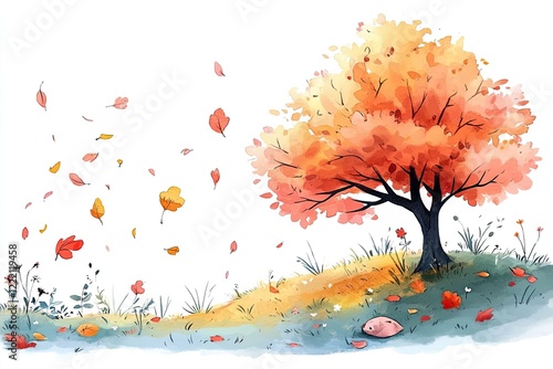 A single tree with orange leaves stands on a grassy hill with fallen leaves blowing in the wind.