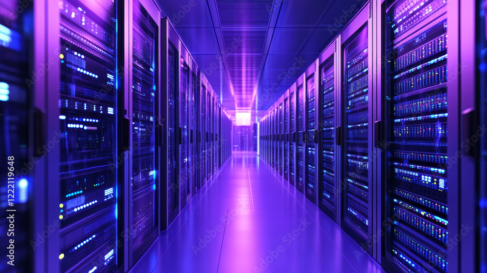 Fototapeta premium Isometric data center, server room equipment, hardware racks or web hosting infrastructure icons isolated on ultraviolet background, database storage technology, cloud computing services 3d vector set