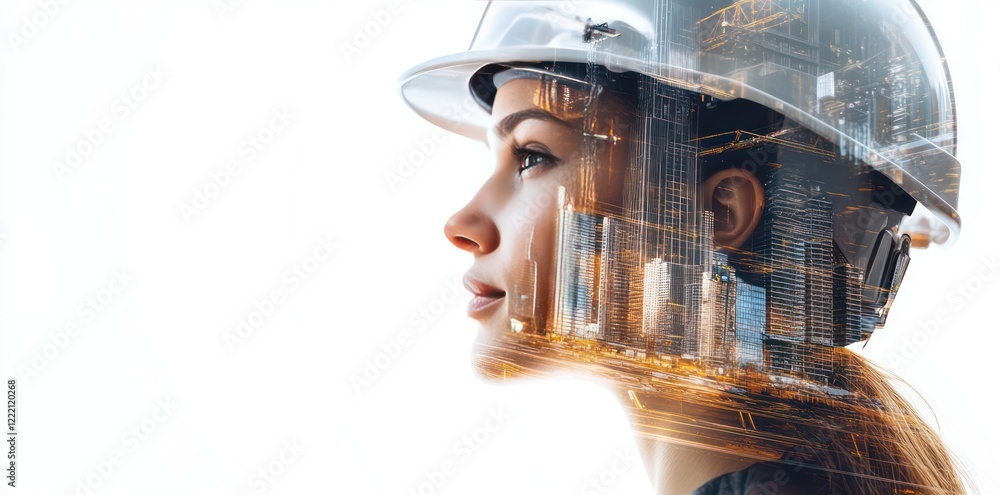 Side view of an engineer wearing a helmet with double exposure, with a white background. Side view of an engineer wearing a helmet with double exposure, with a white background.