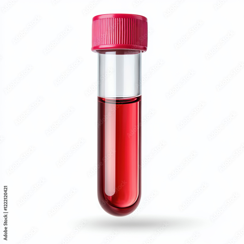 A clear laboratory test tube filled with red liquid, capped with a pink lid, commonly used for blood samples in medical settings. A clear laboratory test tube filled with red liquid, capped with a pink lid, commonly used for blood samples in medical settings.