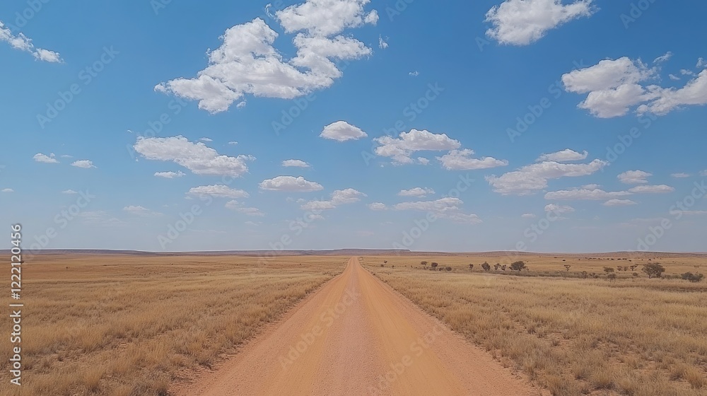 A straight desert road under a vast blue sky with scattered clouds. A straight desert road under a vast blue sky with scattered clouds.