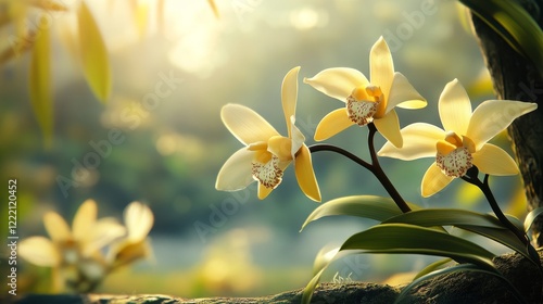 3D realistic vanilla pods and their delicate orchid flowers. The background is a soft, blurred view of a tropical plantation.