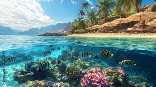 Tropical coral reef and fish with beach with palms and sun umbrelas on the background, Red Sea, Egypt