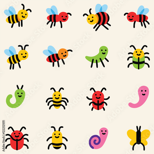 A whimsical and child-friendly pattern featuring various cartoon insects in vibrant colors