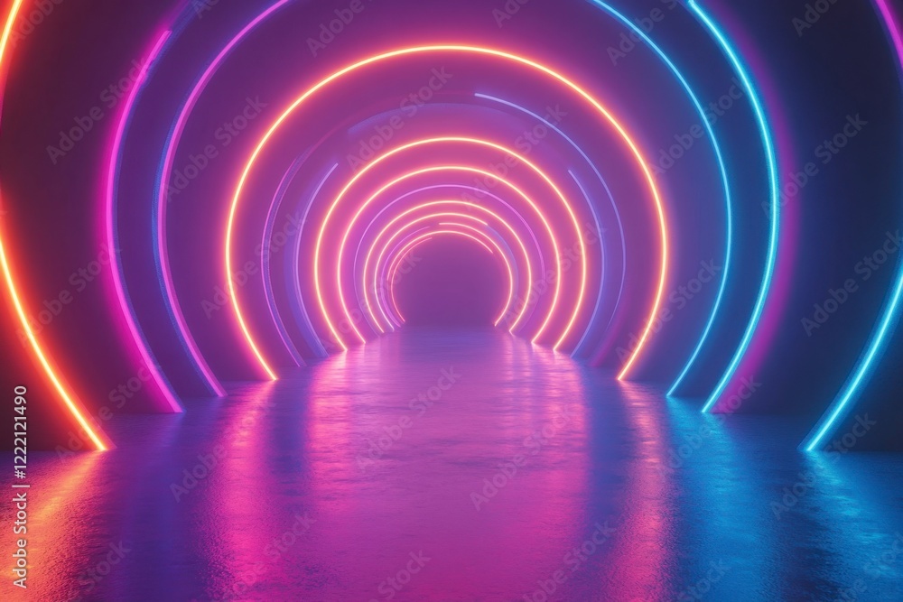 Vibrant Neon Tunnel with Colorful Lights and Reflected Surface Vibrant Neon Tunnel with Colorful Lights and Reflected Surface