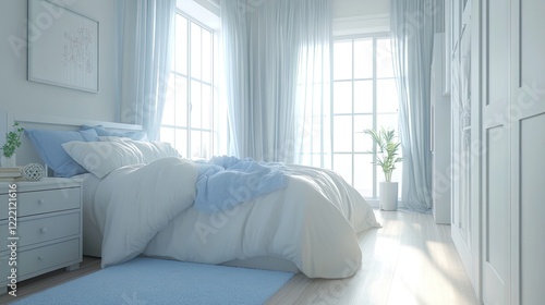 Bright bedroom with white and pastel blue tones  a soft duvet  and airy curtains for a fresh and light aesthetic.