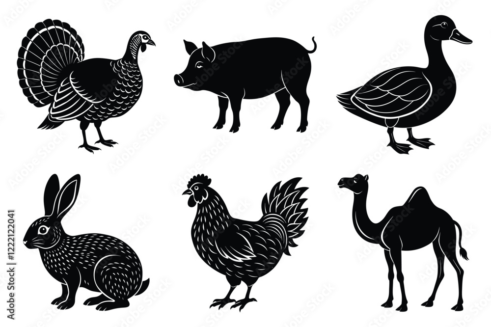 Obraz premium Farm and Domestic Animals set, Animals silhouette collection vector illustration