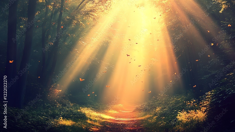 Fototapeta premium Enchanted Forest with Sunlight and Misty Atmosphere