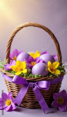 Wicker basket with purple and yellow flowers, purple ribbon and Easter colored eggs. Greeting card.