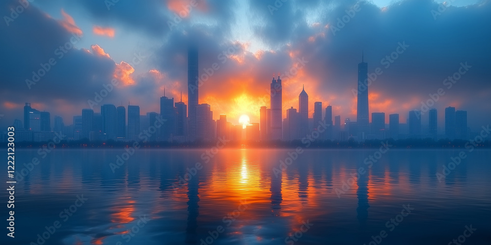 Magnificent sunset reflecting on the water with a city skyline silhouetted against the vibrant sky, copy space
Magnificent sunset reflecting on the water with a city skyline silhouetted against the vibrant sky, copy space