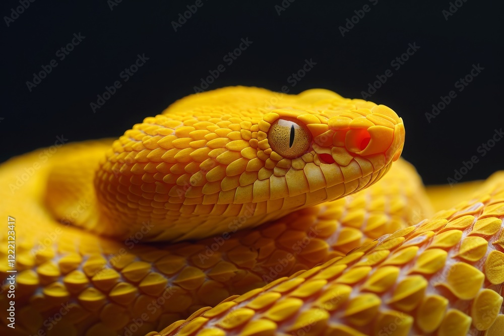 A striking close-up view of a vibrant yellow viper snake showing intricate scale patterns and unique eye features, captured in a detailed isolation against a dark background A striking close-up view of a vibrant yellow viper snake showing intricate scale patterns and unique eye features, captured in a detailed isolation against a dark background