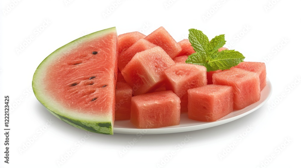 Juicy Watermelon Cubes and Slice on Plate with Mint Garnish Summer Fruit Dessert Juicy Watermelon Cubes and Slice on Plate with Mint Garnish Summer Fruit Dessert