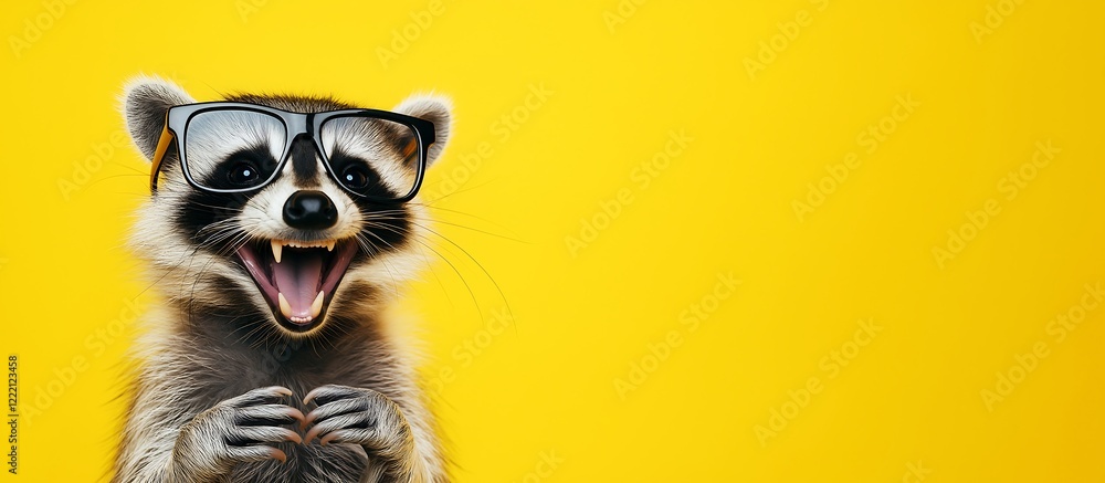Cheerful raccoon laughing joyfully while wearing glasses against a bright yellow background Cheerful raccoon laughing joyfully while wearing glasses against a bright yellow background