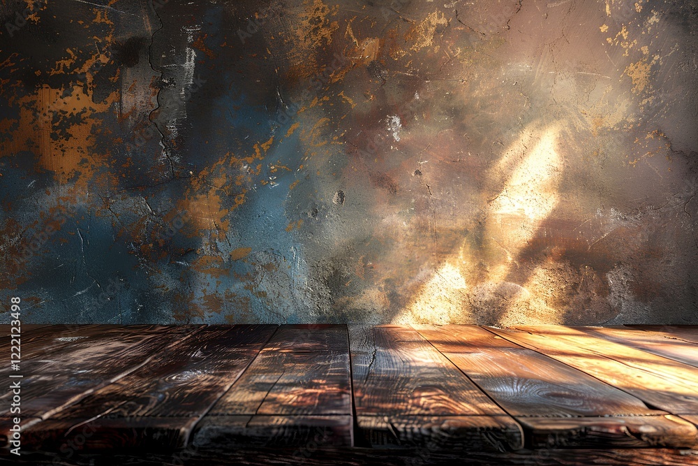 A wooden floor in front of a grungy wall A wooden floor in front of a grungy wall