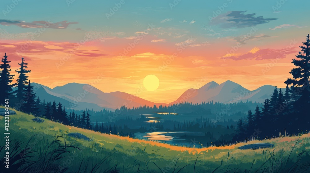Serene Sunset Over Mountain Lake and Forest Serene Sunset Over Mountain Lake and Forest