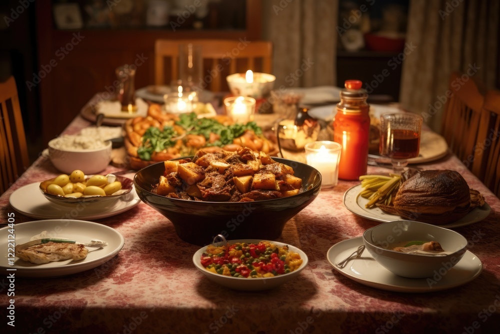 Naklejka premium A cozy family dinner gathering with homemade food featuring a beautifully set table filled with delicious dishes, candles illuminating the room, and everyone enjoying quality time together