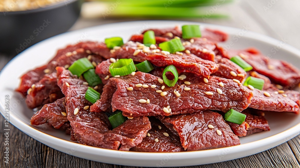 beef jerky concept. Teriyaki beef jerky with sesame seeds garnish beef jerky concept. Teriyaki beef jerky with sesame seeds garnish