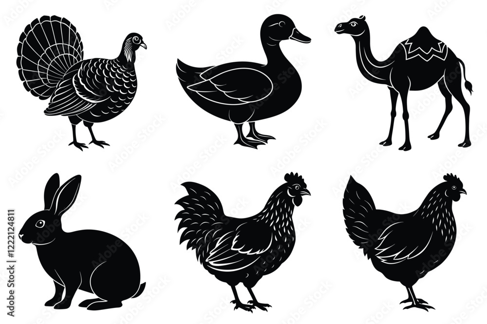 Obraz premium Farm and Domestic Animals set, Animals silhouette collection vector illustration